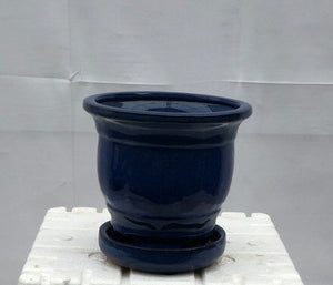 Blue Ceramic Bonsai Pot - Round<br>Attached Humidity/Drip tray<br>5.75" x 5.75" x 5.0"