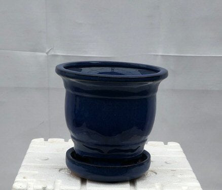 Blue Ceramic Bonsai Pot - Round<br>Attached Humidity/Drip tray<br>5.75