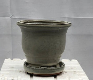 Beige Ceramic Bonsai Pot - Round<br>With Humidity Drip Tray<br>5.75" x 5.75" x 5.5"