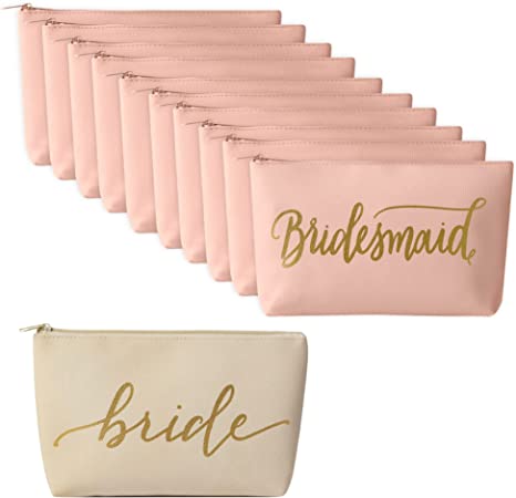 11 Piece Set - Pink Blush Bride & Bridesmaid Faux Leather Makeup & Toiletry Bags
