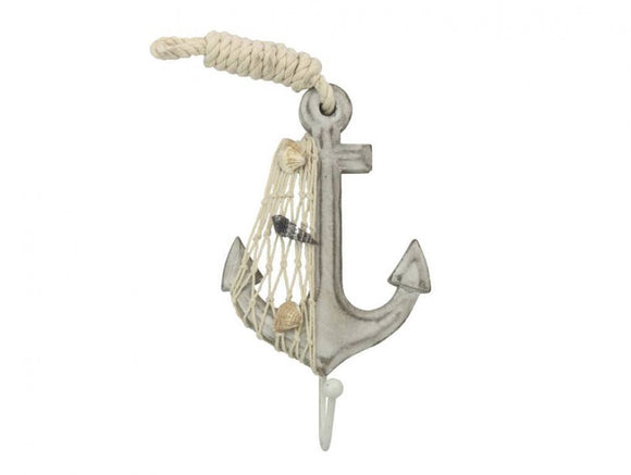 Wooden Whitewashed Decorative Anchor with Hook 7"