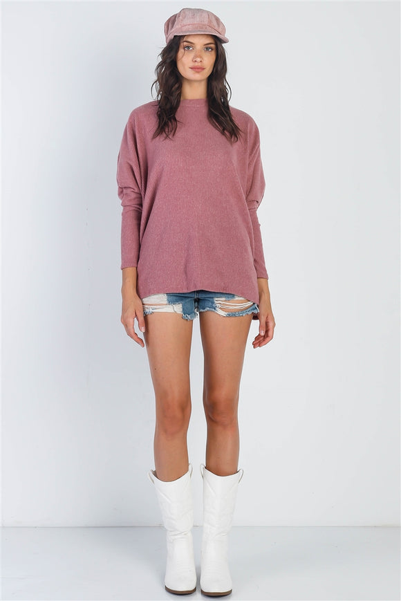 Dusty Rose Flannel Ribbed Dolman Sleeve Sweater - SMALL