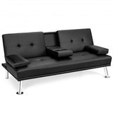 Convertible Folding Leather Futon Sofa with Cup Holders and Armrests-Black