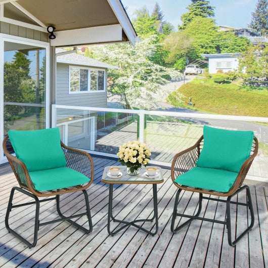 3 Pieces Patio Rattan Bistro Set Cushioned Chair Glass Table Deck-Turquoise