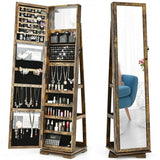 360 Rotatable Armoire 2-in-1 Lockable Mirrored Jewelry Cabinet-Rustic Brown