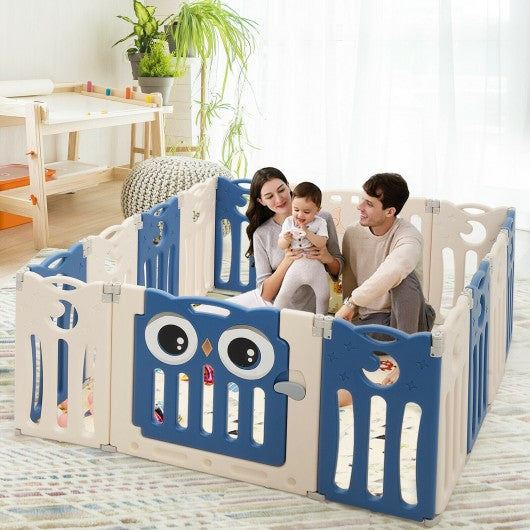 14-Panel Baby Playpen Kids Activity Center Foldable Play Yard with Lock Door-Blue