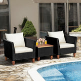 3 Pcs Outdoor Patio Rattan Furniture Set Wooden Table Top Cushioned Sofa