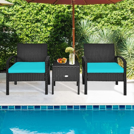 3 Piece PE Rattan Wicker Sofa Set with Washable and Removable Cushion for Patio-Turquoise