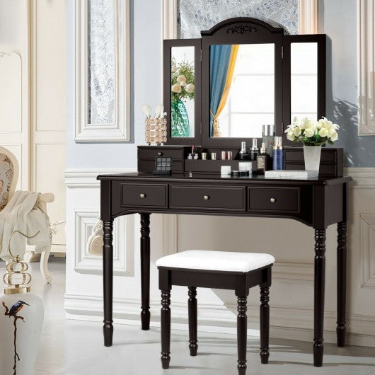 Makeup Dressing Table with Tri-Folding Mirror and Cushioned Stool for Women-Coffee