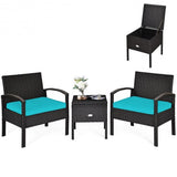 3 Piece PE Rattan Wicker Sofa Set with Washable and Removable Cushion for Patio-Turquoise