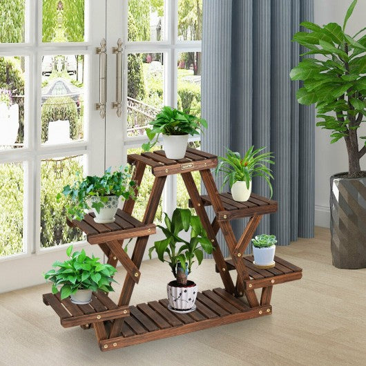 Wood Plant Stand Triangular Shelf 6 Pots Flower Shelf