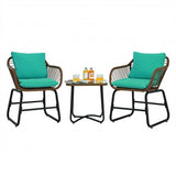 3 Pieces Patio Rattan Bistro Set Cushioned Chair Glass Table Deck-Turquoise