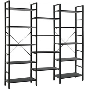 Vintage Triple Wide 5-Tier Bookcase Large Bookshelf Display Storage Shelf-Black