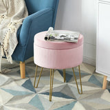Round Velvet Storage Ottoman Footrest Stool Vanity Chair with Metal Legs-Pink