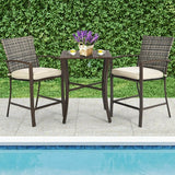 3 Pieces Rattan Bar Furniture Set with Slat Table and 2 Cushioned Stools-Brown