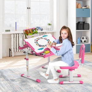 Height Adjustable Kids Study Table and Chair Set with Bookstand-Pink