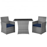 3 Pieces Patio Rattan Furniture Set with Cushioned Armrest Sofa-Navy