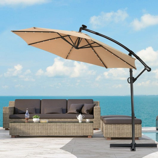10 ft 360 Rotation Solar Powered LED Patio Offset Umbrella without Weight Base-Beige