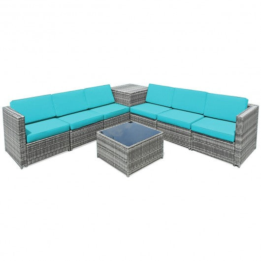 8 Piece Wicker Sofa Rattan Dinning Set Patio Furniture with Storage Table-Turquoise