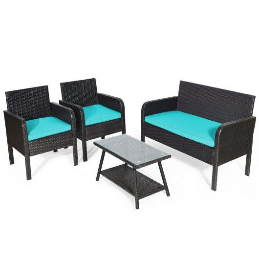 4Pcs Patio Rattan Wicker Furniture Set Conversation Sofa Bench Cushion-Turqiose