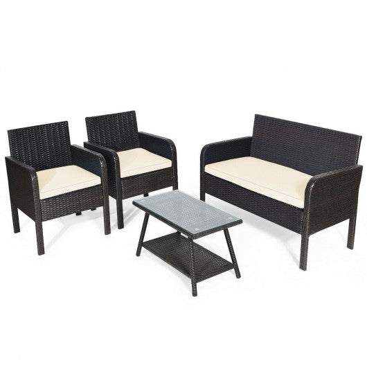 4Pcs Patio Rattan Wicker Furniture Set Conversation Sofa Bench Cushion-White