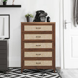 Dresser Rustic Storage Freestanding Wooden Cabinet with 5 Rattan Drawers-Walnut