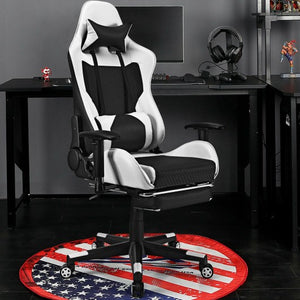 PU Leather Gaming Chair with USB Massage Lumbar Pillow and Footrest-White