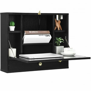 Wall Mounted Folding Laptop Desk Hideaway Storage with Drawer-Black