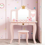 Kids Makeup Dressing Table with Tri-folding Mirror and Stool-Pink