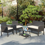 4Pcs Patio Rattan Wicker Furniture Set Conversation Sofa Bench Cushion-White