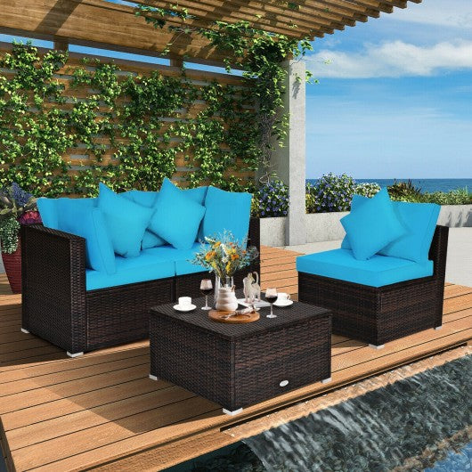 4 Pcs Ottoman Garden Deck Patio Rattan Wicker Furniture Set Cushioned Sofa-Turquoise