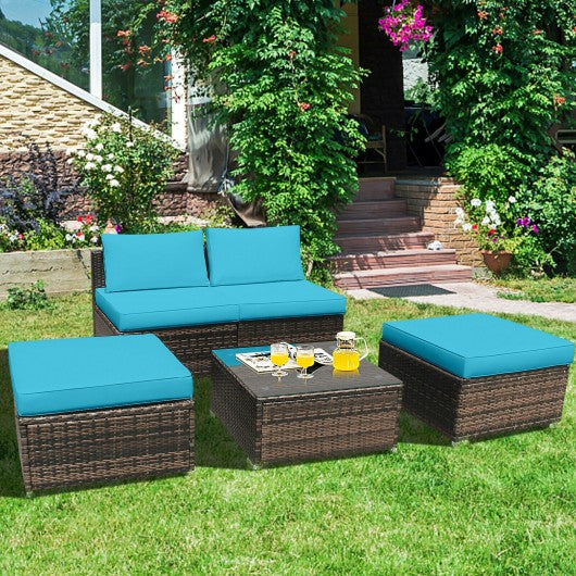 5Pcs Patio Rattan Wicker Furniture Set Armless Sofa Ottoman Cushioned-Turquoise