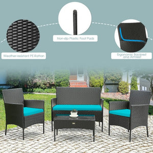 4 Pcs Patio Rattan Cushioned Sofa Furniture Set with Tempered Glass Coffee Table-Turquoise
