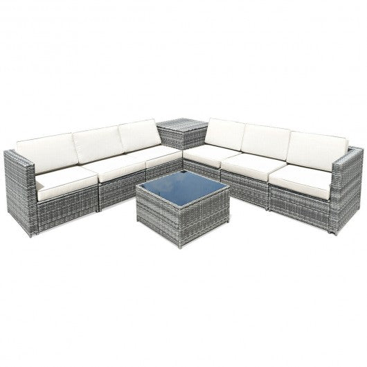 8 Piece Wicker Sofa Rattan Dinning Set Patio Furniture with Storage Table-White