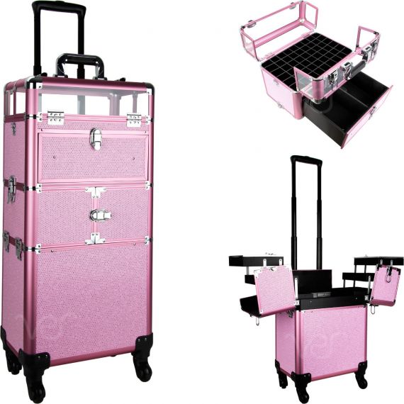 3-TIERS ACCORDION TRAYS 4-WHEELS PROFESSIONAL ROLLING ALUMINUM COSMETIC MAKEUP CASE AND NAIL CASE WITH CLEAR PANEL FOUNDATION HOLDER & DIVIDERS