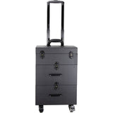 BLACK LEATHERETTE 4-WHEELS NAIL ARTIST PRO ROLLING CASE WITH 2 DRAWERS, FOUNDATION HOLDER AND CLEAR POUCH